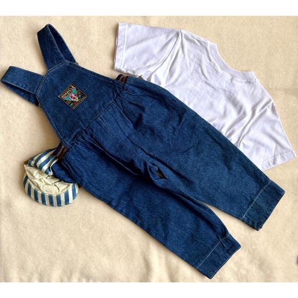 Vintage K.K. Kid's Fashion 3-Piece Overall Set Unisex 3T Blue Denim Patchworks - Picture 3 of 14